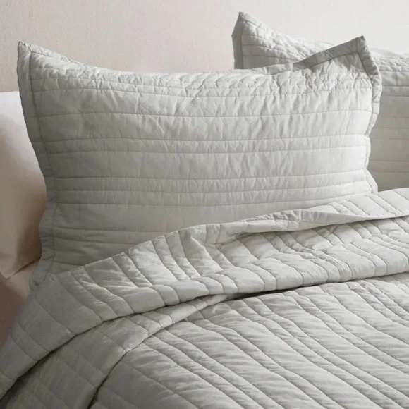 NWOT QUINCE Organic Cotton Stripe Stitch Quilt Set King/Cal King Light Grey 7225 - Picture 6 of 10